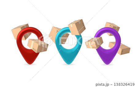 Cardboard boxes, parcels around different colors geolocation pointer signs, vector brown paper packages delivery service Cardboard boxes, parcels around different colors geolocation pointer signs, vector brown paper packages delivery service 138326419