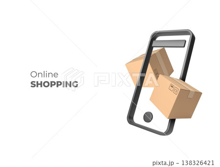 Online shopping promotion vector banner, 3D brown parcel cardboard boxes floats out of black smartphone, orders delivery 138326421