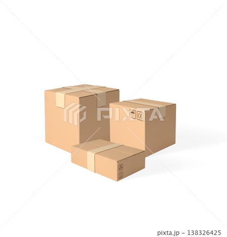 3D cardboard box different sizes vector illustration, brown carton parcel closed with tape and transportation symbols 3D cardboard box different sizes vector illustration, brown carton parcel closed with tape and transportation symbols 138326425