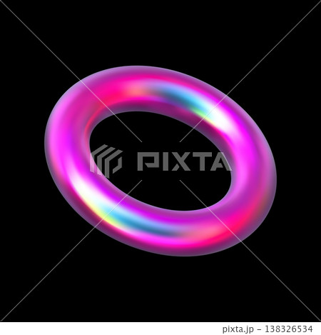 Pink holographic torus realistic 3D vector, iridescent ring model Y2K pearl shine, volumetric round shape glossy surface Pink holographic torus realistic 3D vector, iridescent ring model Y2K pearl shine, volumetric round shape glossy surface 138326534