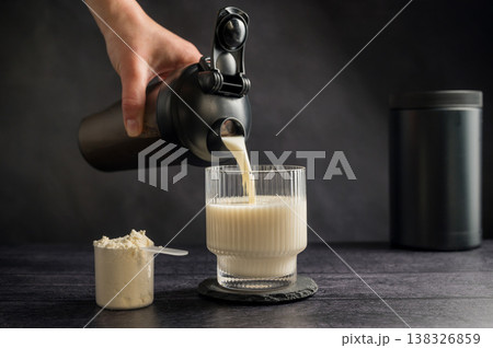 Protein drink. Pouring protein shake in a glass. Dark background. Body building, muscle growth and food supplement concept 138326859