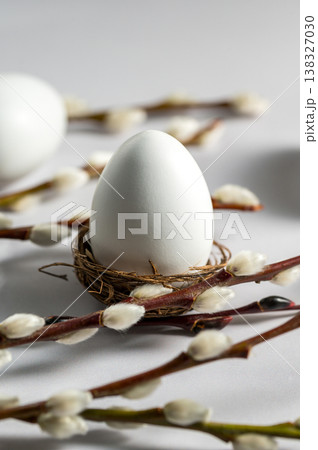 Easter background. Willow branches and white egg in a nest. Spring time. Minimalistic and bright concept Easter background. Willow branches and white egg in a nest. Spring time. Minimalistic and bright concept 138327030