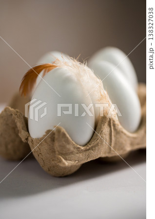 Easter holiday. White egg in a carton egg box with a feather, bright minimalistic background Easter holiday. White egg in a carton egg box with a feather, bright minimalistic background 138327038