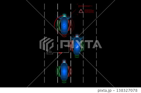 Futuristic top view of cars with autonomous driving technology. A glowing HUD interface shows sensor data for lane assistance, blind spot monitoring, red collision warnings. Concept for AI safety Futuristic top view of cars with autonomous driving technology. A glowing HUD interface shows sensor data for lane assistance, blind spot monitoring, red collision warnings. Concept for AI safety 138327078