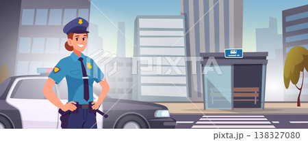 Police officer. Professional female police worker in uniform exact vector cartoon background template Police officer. Professional female police worker in uniform exact vector cartoon background template 138327080