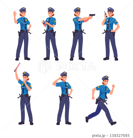 Female police. Woman cop in different action poses exact vector police profession in uniform 138327085