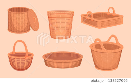 Wicker basket. Different bowls set from natural materials exact vector illustrations set 138327093