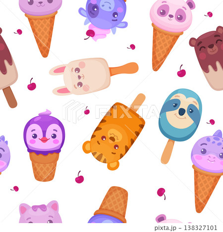 Ice cream animals. frozen cartoon heads of different cute animals. vector seamless pattern 138327101