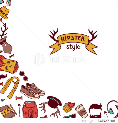 Hipster background. fashioned hipster culture modern items. vector corner design template 138327106