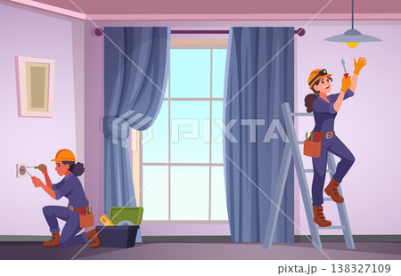 Electrician girls. female characters making electricity works in living room. cartoon background Electrician girls. female characters making electricity works in living room. cartoon background 138327109