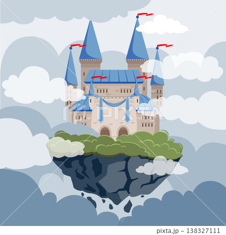 Castle in clouds. dark fantasy background with fairy tale castle on flying island 138327111