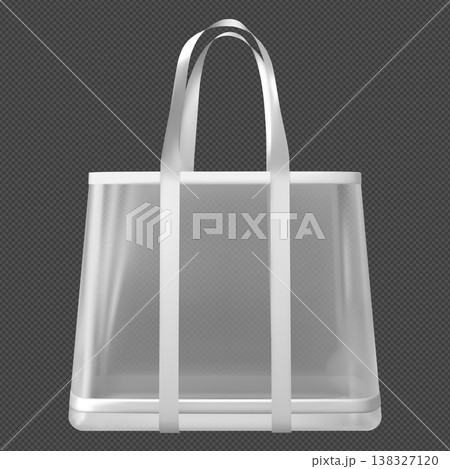 Transparent tote bag with hanging handles, white shopping pouch with straps, plastic handbag with hooks vector mockup Transparent tote bag with hanging handles, white shopping pouch with straps, plastic handbag with hooks vector mockup 138327120