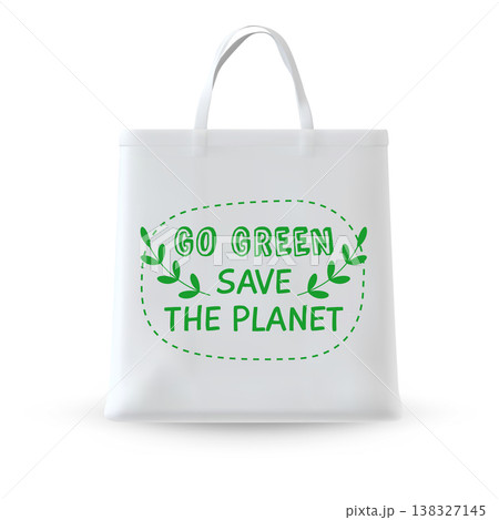 Realistic white tote bag with the inscription "GO GREEN SAVE THE PLANET" and leaves. 138327145