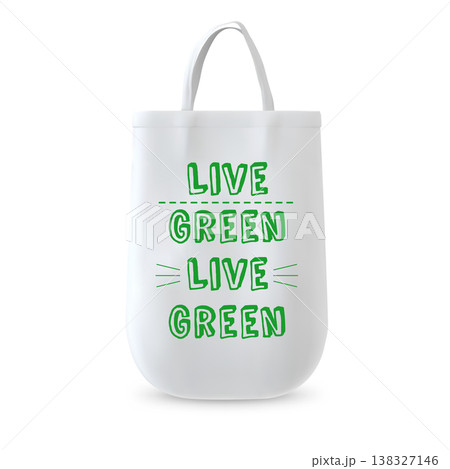 White shopper bag mockup with the green inscription "LIVE GREEN" on a white isolated background. White shopper bag mockup with the green inscription "LIVE GREEN" on a white isolated background. 138327146