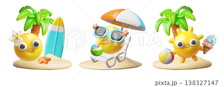 3D character set: smiley face, sun, palm trees, sun lounger, ice cream, cocktail, 3D character set: smiley face, sun, palm trees, sun lounger, ice cream, cocktail, 138327147