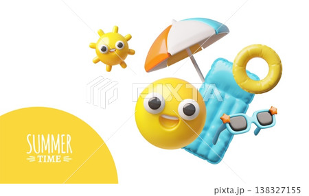 Summer time 3D vector banner design, happy sun and smiley emoticons, beach umbrella, sunglasses, inflatable mattress Summer time 3D vector banner design, happy sun and smiley emoticons, beach umbrella, sunglasses, inflatable mattress 138327155