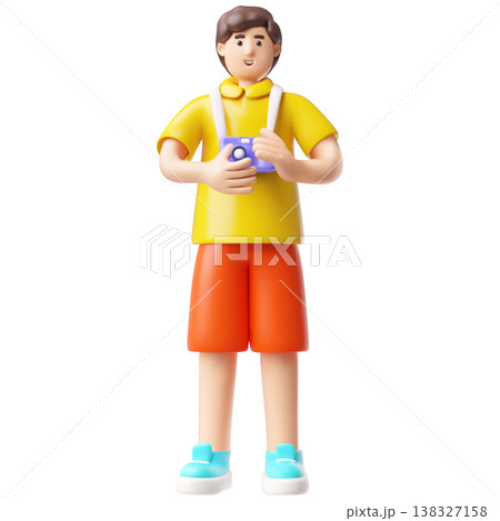 A 3D character of a tourist with a camera in bright summer clothes. A 3D character of a tourist with a camera in bright summer clothes. 138327158