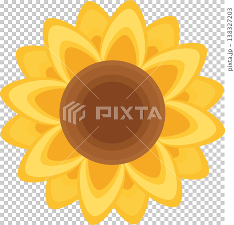 Minimalist Sunflower Illustration, Cute Yellow Blossom with Layered Petals and Orange Lines, Hand Drawn Flat Floral Element Isolated on Transparent Background. 138327203