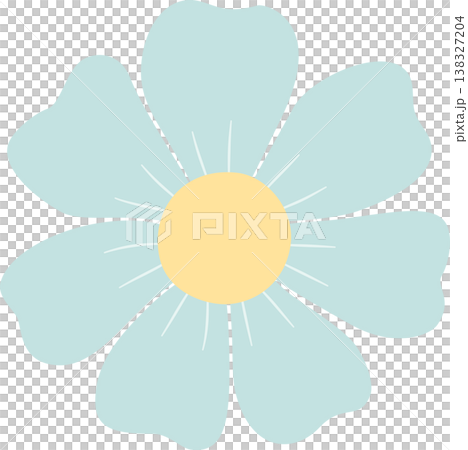 Minimalist Light Blue Spring Flower Illustration, Cute Pastel Periwinkle Blossom with Yellow Center, Hand Drawn Flat Floral Element Isolated on Transparent Background 138327204