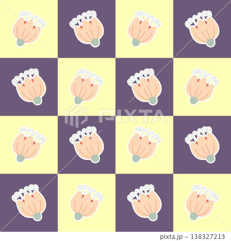 Seamless Floral Checkerboard Pattern, Cute Orange Flower Illustration on Yellow and Purple Plaid Background, Modern Geometric Seamless Floral Checkerboard Pattern, Cute Orange Flower Illustration on Yellow and Purple Plaid Background, Modern Geometric 138327213