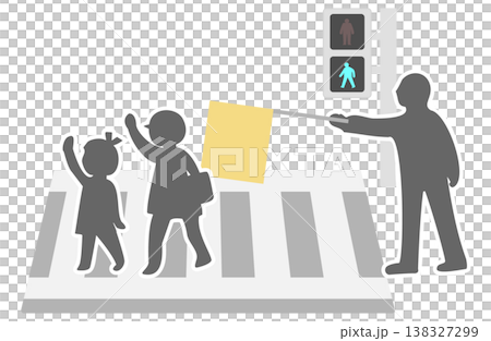 An illustration of silhouettes of a child crossing a pedestrian crossing and a person holding a flag. 138327299