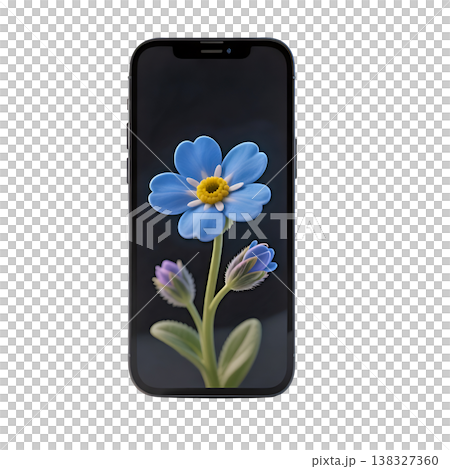 A single blue forget me not flower displayed on a modern smartphone screen isolated. A single blue forget me not flower displayed on a modern smartphone screen isolated. 138327360