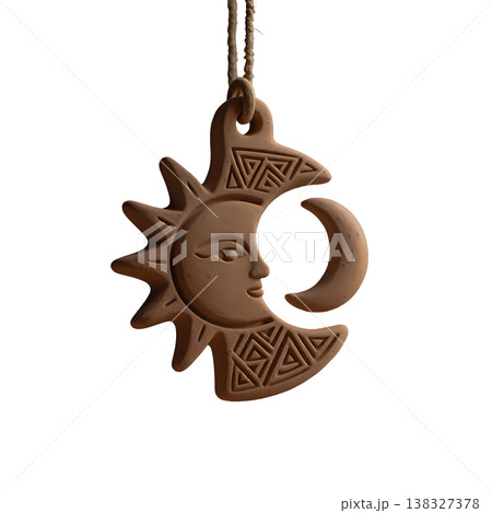 Ancient clay sun and moon pendant with tribal carvings hanging from rustic rope accessory. 138327378