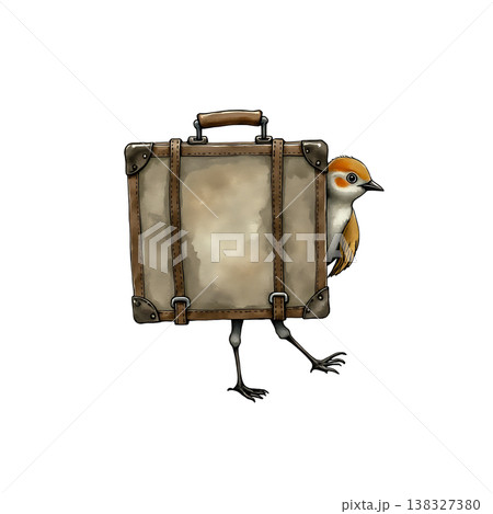 Anthropomorphic suitcase with bird legs and head on transparent background. 138327380