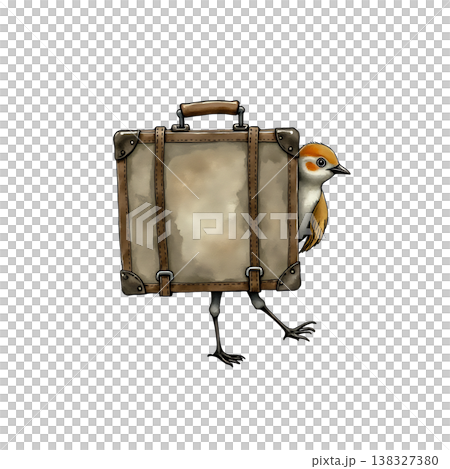 Anthropomorphic suitcase with bird legs and head on transparent background. 138327380