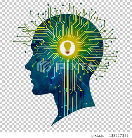 Artificial intelligence profile with circuit board pattern and light bulb idea concept p. Artificial intelligence profile with circuit board pattern and light bulb idea concept p. 138327381