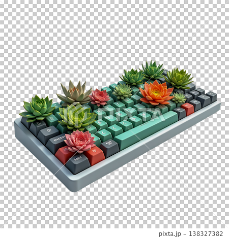 Artistic mechanical keyboard with succulent plants growing between keys on gray background. Artistic mechanical keyboard with succulent plants growing between keys on gray background. 138327382