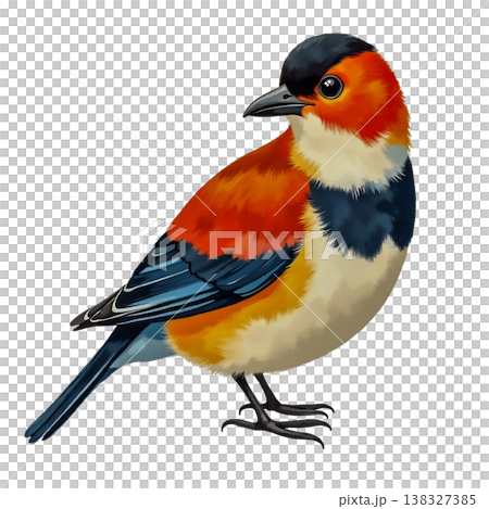 Beautiful colorful bird perched with bright orange body and blue wings looking right. Beautiful colorful bird perched with bright orange body and blue wings looking right. 138327385