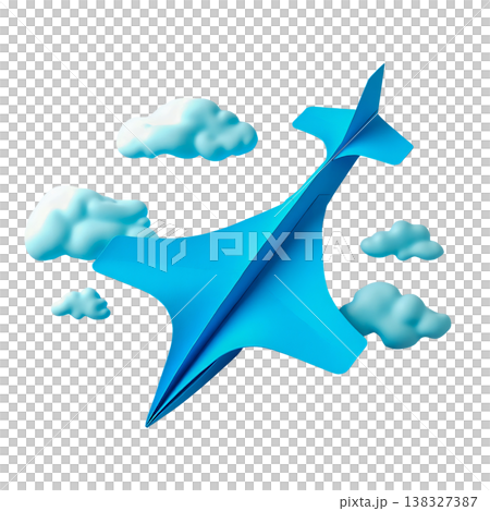 Blue paper airplane flying through white cartoon clouds isolated on transparent background. 138327387