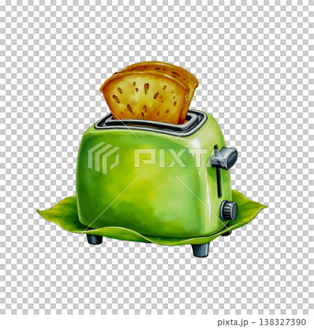 Bright green retro toaster with toasted bread and leaf shaped plate on transparent background. Bright green retro toaster with toasted bread and leaf shaped plate on transparent background. 138327390