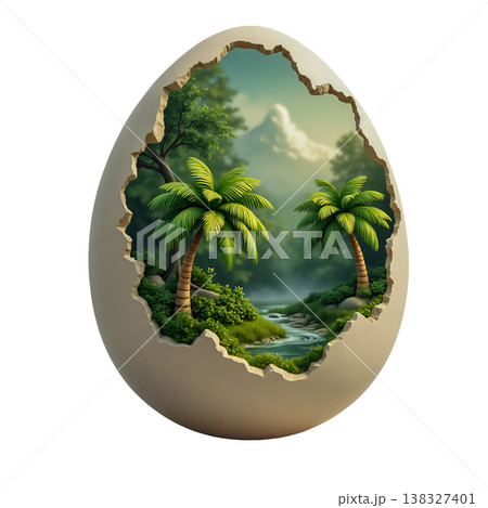 Cracked egg revealing lush green landscape with palm trees. 138327401