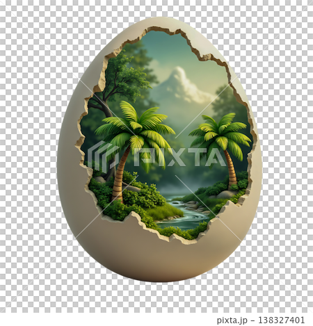 Cracked egg revealing lush green landscape with palm trees. 138327401