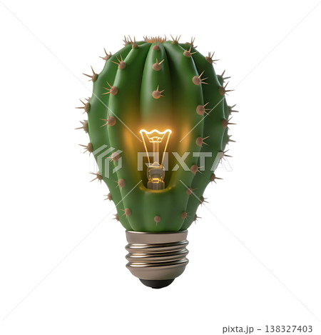 Creative cactus light bulb with glowing filament showing ecological innovation and energy. 138327403