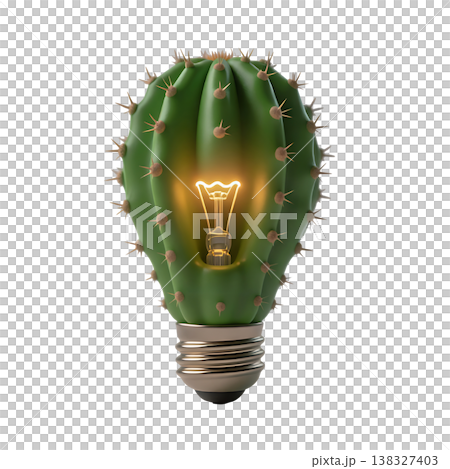 Creative cactus light bulb with glowing filament showing ecological innovation and energy. 138327403