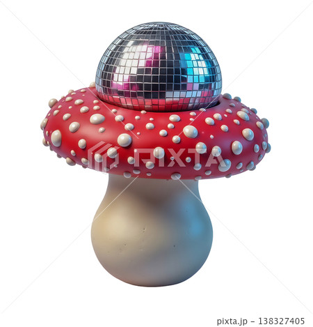 Creative mushroom with disco ball cap isolated on transparent background for party concept. Creative mushroom with disco ball cap isolated on transparent background for party concept. 138327405