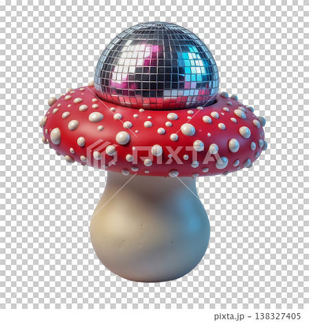 Creative mushroom with disco ball cap isolated on transparent background for party concept. 138327405