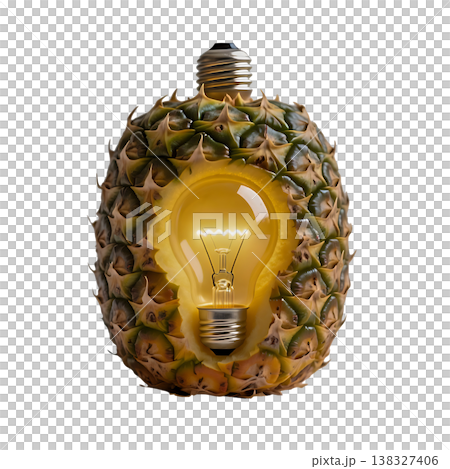 Creative pineapple light bulb hybrid concept showing glowing filament inside fruit shell. 138327406