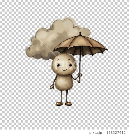 Cute fuzzy creature holding an umbrella under a large, soft watercolor cloud. Cute fuzzy creature holding an umbrella under a large, soft watercolor cloud. 138327412