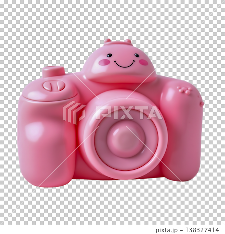 Cute pink toy camera for kids with smiling face character on top isolated for photography. 138327414