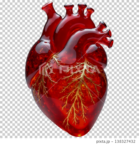 Glass heart anatomy medical science art red translucent organ intricate gold veins internal structure. Glass heart anatomy medical science art red translucent organ intricate gold veins internal structure. 138327432