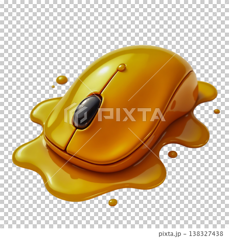 Golden computer mouse melting on surface with liquid dripping on transparent background. Golden computer mouse melting on surface with liquid dripping on transparent background. 138327438