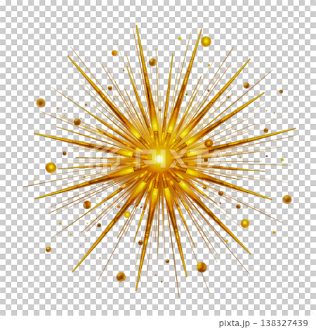 Golden explosion of light with shiny rays and spheres isolated on transparent background. Golden explosion of light with shiny rays and spheres isolated on transparent background. 138327439
