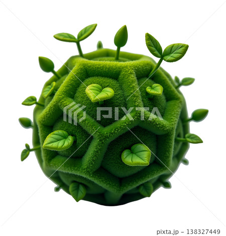 Green hexagonal sphere covered in soft moss and small sprouting leaves. 138327449