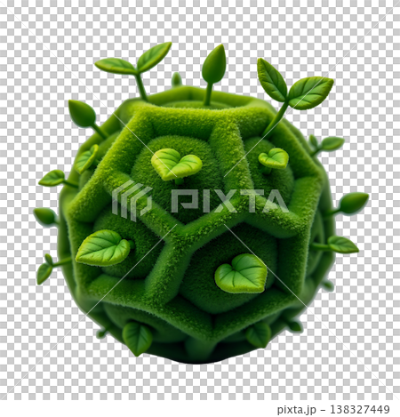 Green hexagonal sphere covered in soft moss and small sprouting leaves. 138327449