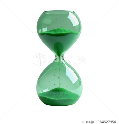 Green hourglass sand timer transparent glass close up flowing sand time passing antique measurement object. 138327450