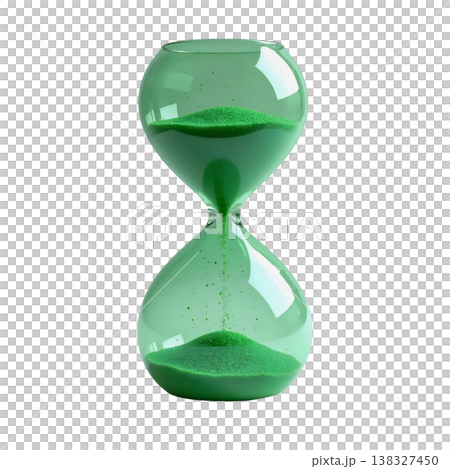 Green hourglass sand timer transparent glass close up flowing sand time passing antique measurement object. 138327450